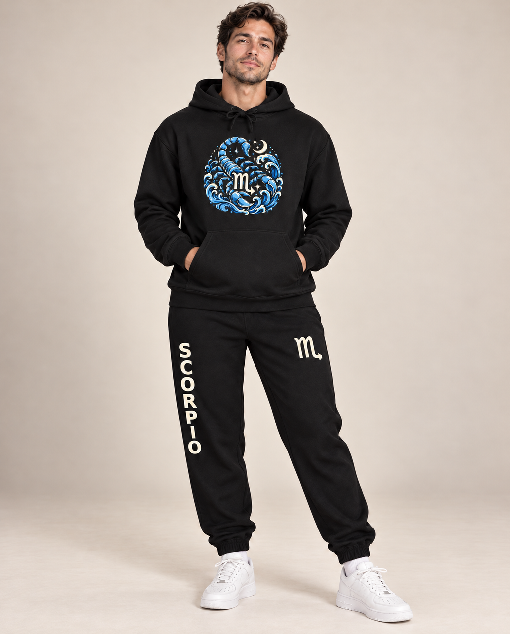 Scorpio Zodiac unisex black hoodie and matching joggers lifestyle mockup