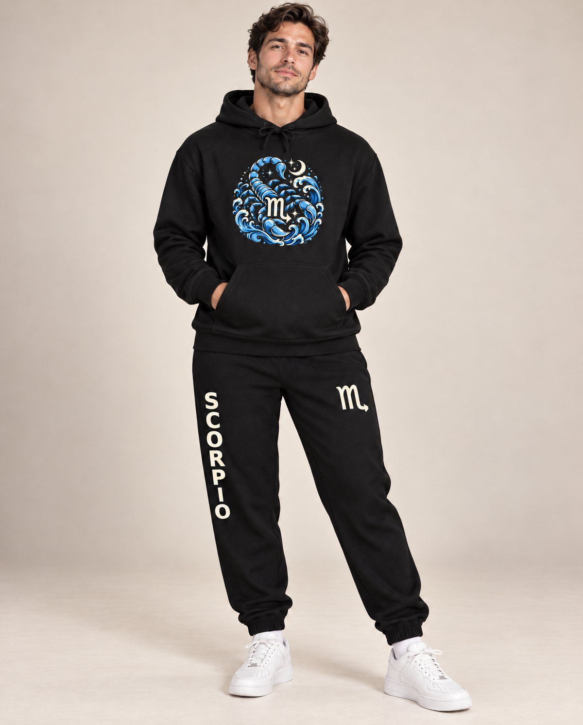 Scorpio Zodiac unisex black hoodie and matching joggers lifestyle mockup