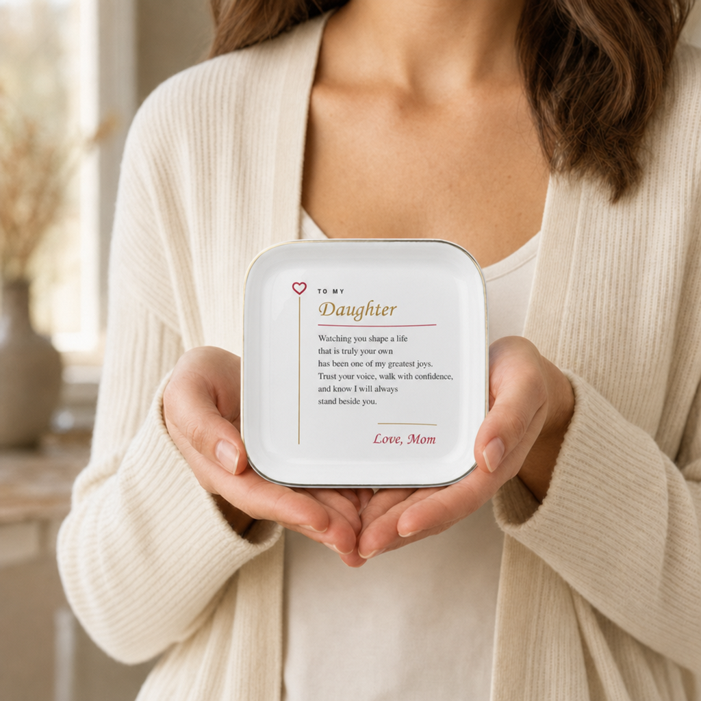 To My Daughter — Love, Mom 4.5-inch ceramic jewelry dish held in hands for size reference